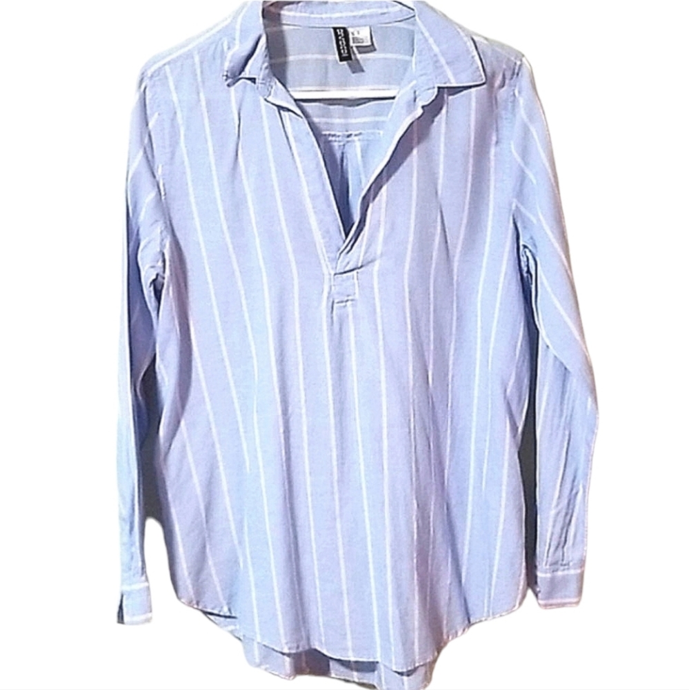 H&M Divided pullover tunic blouse v-neck long-sleeve blue &white striped sz 10